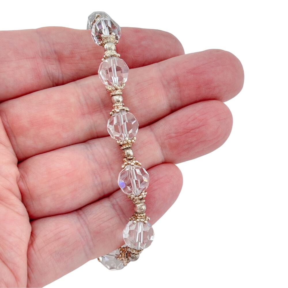 Vintage Sterling Silver 925 Clear Glass Bead Bracelet 7.5"